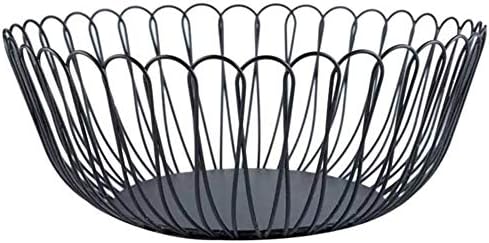 Fruit Dish Basket, Large Black Metal Round Wire Fruit Vegetable Bread Bowl Stylish Candy Storage Holder for Kitchen Countertop Pantry, Office Table (Petals)