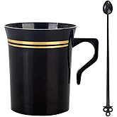 Nervure 60 Pack Black Plastic Coffee Mugs with 60 PCS Black Coffee Stirrers - 8oz Disposable Coffee Cups with Handles & 5inch Coffee Stirrers - Plastic Tea Cups with Gold Rim for Halloween and Party