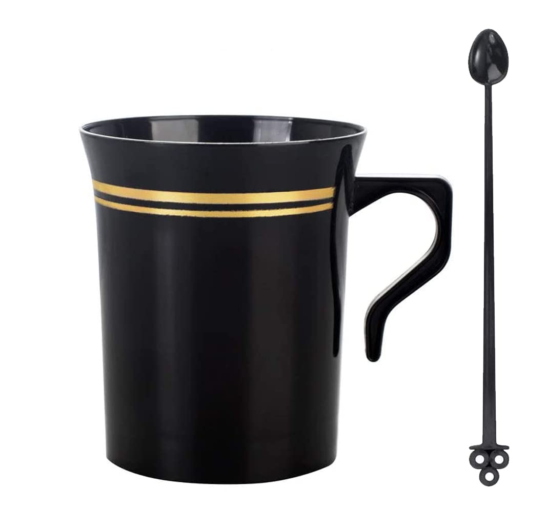Photo 1 of Nervure 60 Pack Black Plastic Coffee Mugs with 60 PCS Black Coffee Stirrers - 8oz Disposable Coffee Cups with Handles & 5inch Coffee Stirrers - Plastic Tea Cups with Gold Rim for Halloween and Party