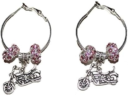 Motorcycle Hoop Dangle Earrings with Pink Rhinestone Beads-Image on Both Sides.Perfect Gift for The Woman Who Loves Motorcycles or Riding on Yours: