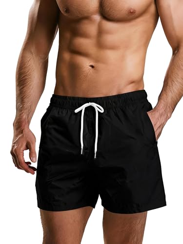 YiShiJie Black Men Swim Trunks Quick Dry 5" Inseam Mesh Lining Athletic Beach Shorts with Pockets for Outdoor Surfing and Running, 2XL at Amazon