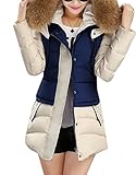 Lingswallow Women Winter Color Block Long Down Coat with Fur Hooded Jacket