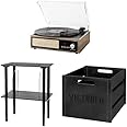 Victrola 3-in-1 Bluetooth Record Player, Farmhouse Walnut & Victrola Wooden Stand for Wooden Music Centers with Record Holder Shelf, Black & Victrola Wooden Record Crate, Black