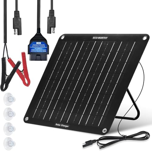ECO-WORTHY Upgrade 10W Solar Car Battery Trickle Charger & Maintainer, Waterproof 12V Solar Panel OBD2 Charger Kit with Portable Stand for Car, Automotive, Motorcycle, Motorhome, Trailer, Snowmobile