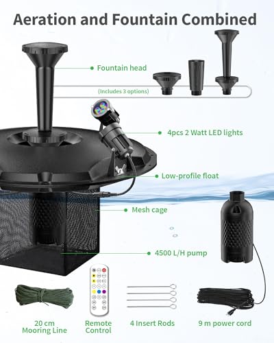 POPOSOAP Floating Pond Fountain & Aerator Complete Kit with LED Lights, 4500 L/h Water Pump, 9m Power Cord, 3 Spray Styles for Ponds, Pools, Lakes & Water Gardens