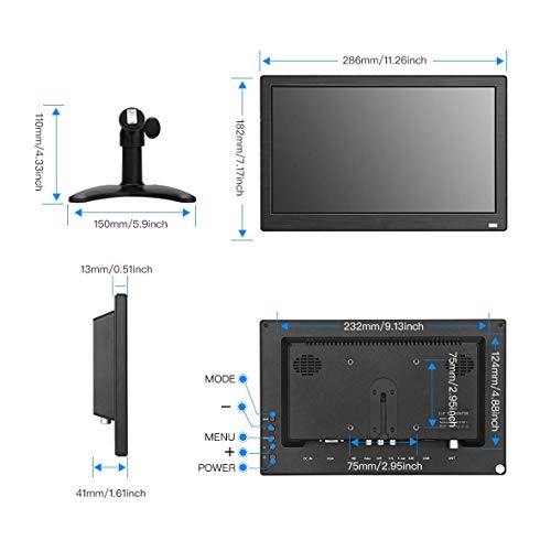 Portatile 11.6’ Monitor IPS HD 1920 * 1080P Plug and Play LED Monitor con VGA/BNC/HDMI/AV/USB/DC Ingresso per PC, Raspberry Pi, Security Camera