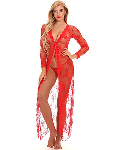 cunlin Women Sexy See Through Lace Gown Kimono Cover Up Sleepwear Set Plus Size Dress Maternity Pregnant Robe Red S