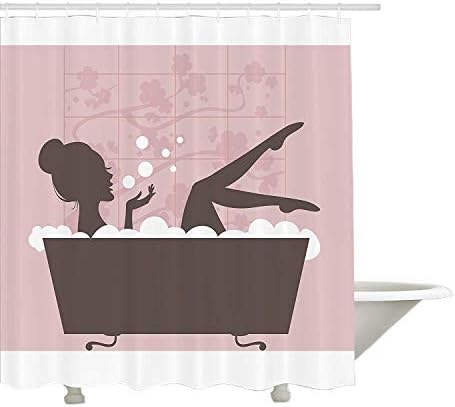Yeuss Teens Girls Shower Curtain, Beautiful Woman in Bath Tub Spa Treatment Relaxing Concept Vintage Style, Fabric Bathroom Decor Set with Hooks, Pink Dark Grey 72"x80"