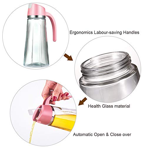 Auto Flip Olive Oil Dispenser Bottle,17 Oz Leakproof Condiment Container with Automatic Cap Glass Oil and Vinegar Dispenser with Non-Slip Handle for Kitchen Cooking (Pink) - Thumbnail 4