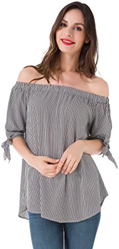 MSHING Women’s Casual Loose Stripe Off Shoulder Tops Fashion Sexy Tie Cuff Blouse Shirts