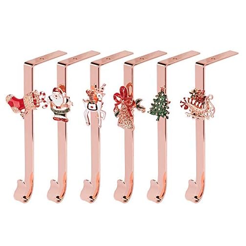 JEKOSEN Christmas Stocking Holder+Christmas Elements Brooch Set of 6 Hanger Hook Fireplace/Mantel Rose Gold Plating Hook…
