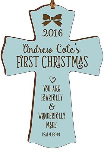 Personalized Baby's First Christmas Ornament cross 2016 New Parent gift ideas for newborn boys and girls Custom engraved ornament for mom dad and grandparents (Blue Fearfully and wonderfully made)