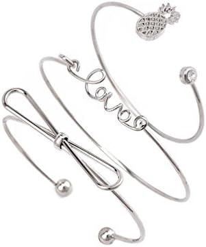 Chimoly 3PCS Love Freedom Bangle Bracelets Knot Pineapple Stackable Open Cuff Bracelet Jewelry Set,Silver
