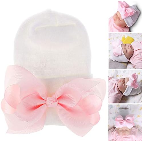 Baby Girl Hat Newborn Hospital Hat Infant Turban Nursery Beanie Headwrap, White with Pink Bow
