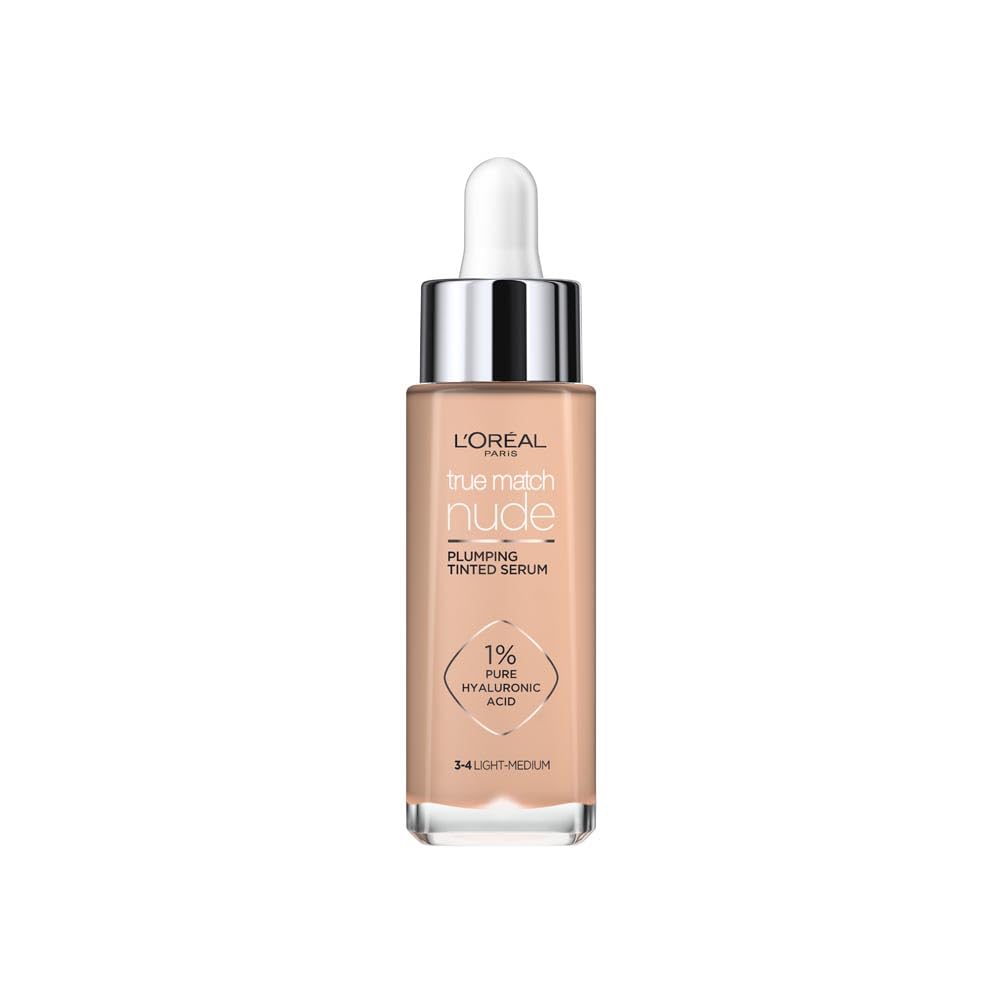 L'Oréal Paris Nude Tinted Serum for Face, Plumping and Hydrating Face Makeup, 1 Percent Pure Hyaluronic Acid, Nude Foundation to Cover, Replumps and Hydrates Skin in One Hour, Shade 3-4 Light Medium