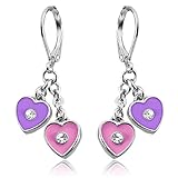 Double Heart Hoop Earrings For Girls | Nickel Free Earrings For Little Girls With Dangle Hearts Silver Tone Rhodium Plated Leverback Earrings for Girls | Childrens Earrings | Nickel Free Earrings