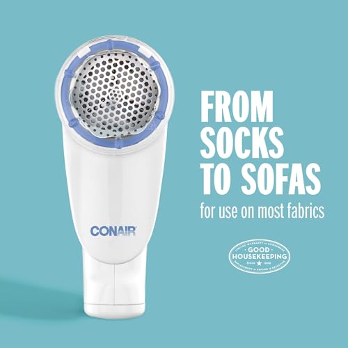 Conair Fabric Shaver and Lint Remover, Battery-Operated Portable Clothes Shaver with 3 Settings, Fuzz Remover for Sweaters, Clothing and Furniture, Large 2-Inch Shaving Head, White