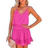 Newffr Womens V Neck Summer Mini Dress Sleeveless Ruffle Spaghetti Strap Racerback Flowy Beach Vacation Sundresses