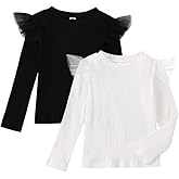 LYQTloml Toddler Girl Shirts Ruffled Long Sleeve Baby Tee Tops, Ribbed Toddler Girl Blouse, Baby Girl Clothes 2-Pack 1-6Y