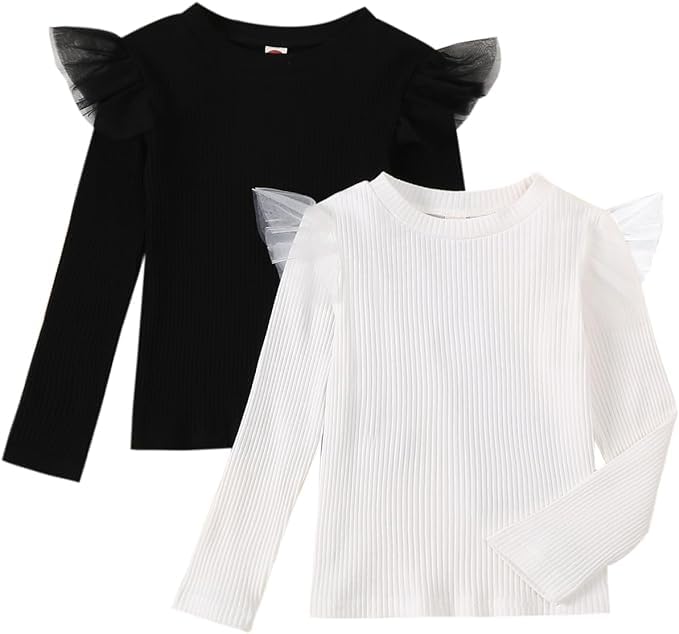 Photo 1 of 1-7Y Toddler Girl Shirts Ruffled Long Sleeve Baby Tee Tops, Ribbed Toddler Girl Blouse, Baby Girl Clothes Solid 2-Pack
