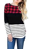 Merryfun Women's Color Block Plaid Tunic Tops Striped Long Sleeve Casual Thick Shirt Blouse