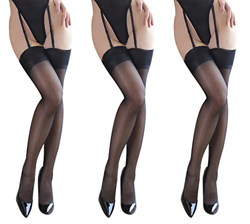 Rose Sakura ultra thin sheer thigh high rib top stockings 3 PAIRS pack by Jetsan (3 pairs black)