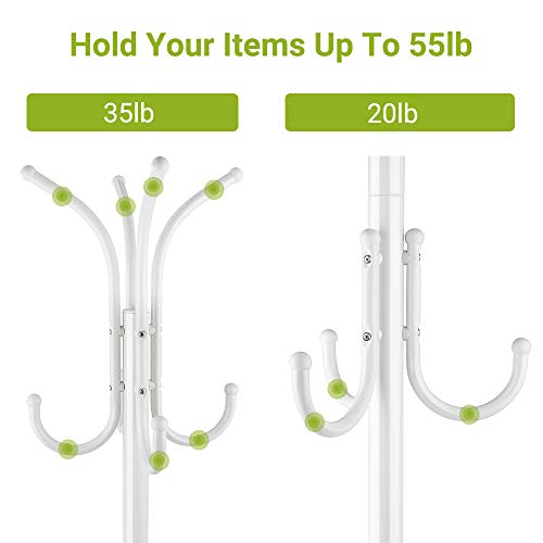 Cozzine Coat Rack Coat Tree Hat Hanger Holder 11 Hooks for Jacket Umbrella Tree Stand with Base Metal (White)