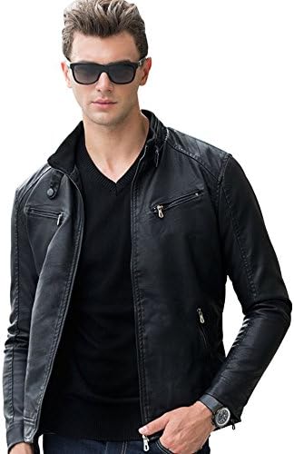 ABMIX casual thick Stand Collar faux Leather Men's Jacket lightweight coat windbreaker(Black color) (S, Black)