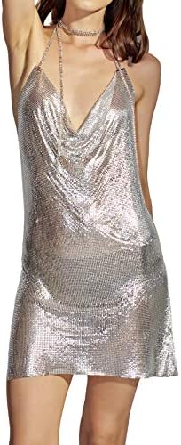 Ingemark Sexy Clubwear Backless Sequin Short Dress for Women Cocktail Metalic Mesh Harness Body Chain Bikini