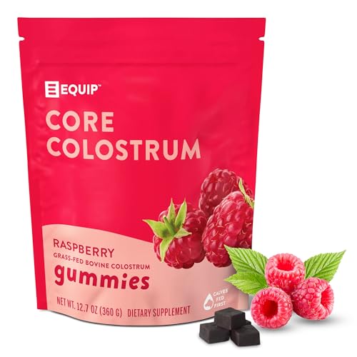 Equip Foods Core Bovine Colostrum Gummies - Delicious 1g Per Seving Grass Fed Colostrum Supplement - Gut Health, Immunity, Recovery, Hair & Skin - 60 Bovine Colostrum Gummies, 30 Servings, Raspberry