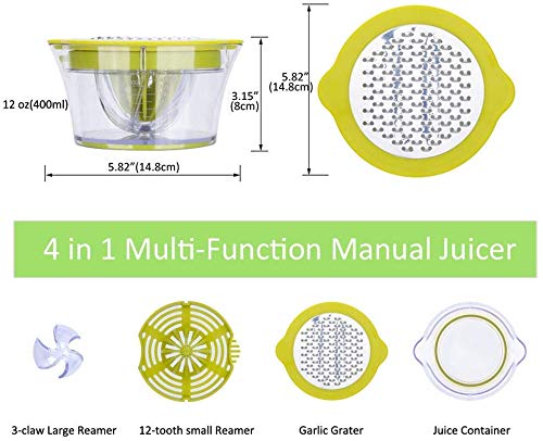 Citrus Lemon Orange Juicer, Manual Hand Squeezer with Built-in Measuring Cup and Grater 12OZ 4 in 1 Multi-function Manual Juicer with Multi-size Reamers, Egg Yolk Separator, Ginger Garlic Grater Green - Thumbnail 5