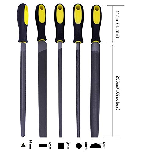 Fatmingo 5 Piece 10" High Carbon Steel Files Set Rubber Handles - Flat/Round/Square/Half Round Rasp Files Set Filing Metal/Wood/Leather with Storage Pouch and A Brass Brush