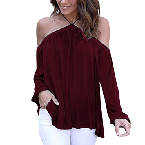 Goddessvan Women Autumn Irregular Long Sleeve Strapless Tops T-shirt (M, Red)