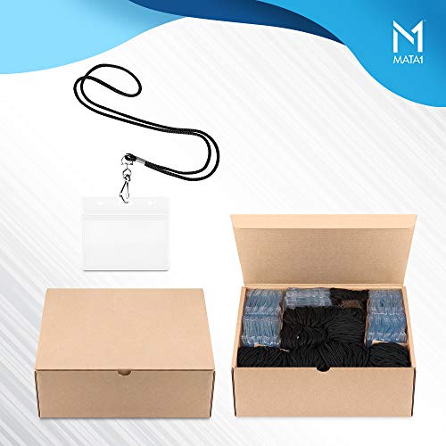 Mata1 Lanyard with ID Holder (Black Lanyard, 2.25x3.5 Inch Horizontal Badge, 50 Pack), Round Woven Lanyards and Clear Plastic Card Holders