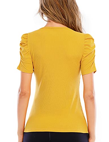 IECCP Womens Puff Short Sleeve Top V-Neck Tunic Casual Ribbed Knit T-Shirts Elegant Slim Blouse Yellow