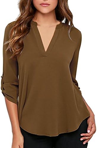 sisiyer Women's Casual V Neck Cuffed Sleeves Solid Chiffon Blouse Top Brown X-Large