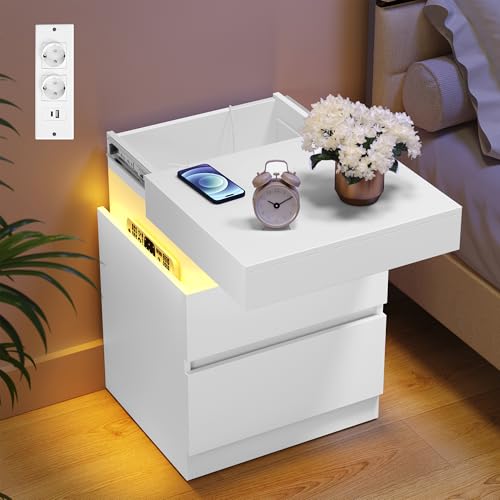VASAGLE Nachttisch 2er Set, mit Steckdosen, 2 Schubladen, LED-Beleuchtung