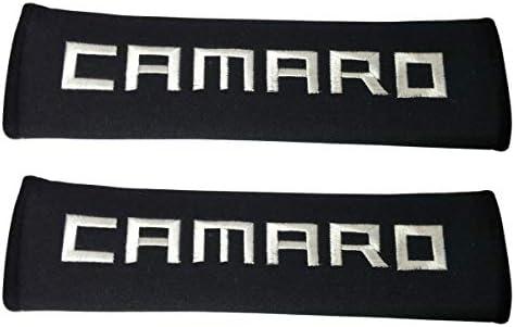 2X White Embroidered Stitching Car Seat Belt Black Shoulder Pad Fabric Interior Accessories Compatible Fit for Coupe Sports Convertible Chevrolet Camaro SS ZL1