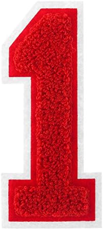 M&J Trimming Iron On Numbers - Varsity Chenille 0-9 Patches - Iron Adhesive or Sew On Appliques - Decorative 4.5" Red Numbers with White Border