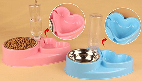 Popowbe Double Pet Bowls Stainless Steel Dog Bowl with No Spill Skidstop Silicone Mat Dog Cat Food Water Feeder with Automatic Water Bottle Pink-160g - Thumbnail 4