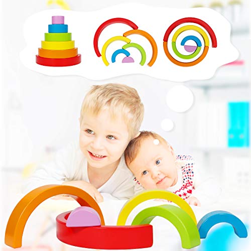 Dreampark Wooden Rainbow Stacking Game Stacker Nesting Puzzle Blocks, Color Shape Matching Educational Learning Toys for Kids Baby Toddlers 1 2 3 4 5 Years Old and Up (6 PCS)