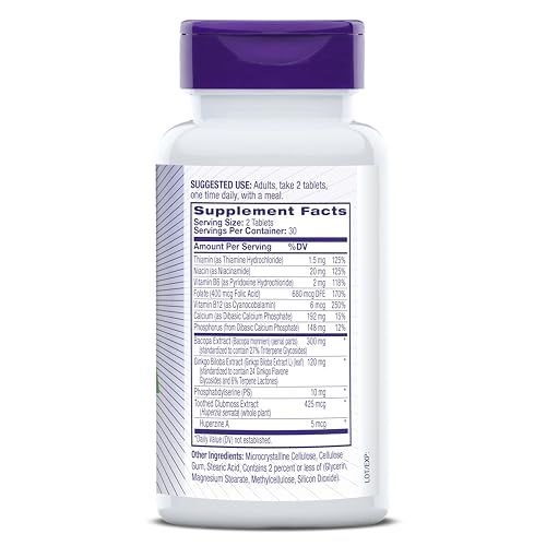 NATROL MEMORY COMPLEX WITH GINKGO BILOBA 120MG AND B VITAMINS, DIETARY SUPPLEMENT FOR BRAIN HEALTH AND MEMORY SUPPORT, 60 TABLETS, 30 DAY SUPPLY