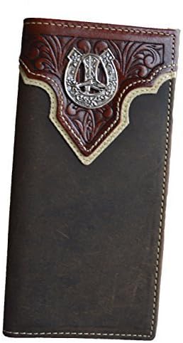 Men western horseshoe boot concho slim leather long bifold wallet (BROWN)