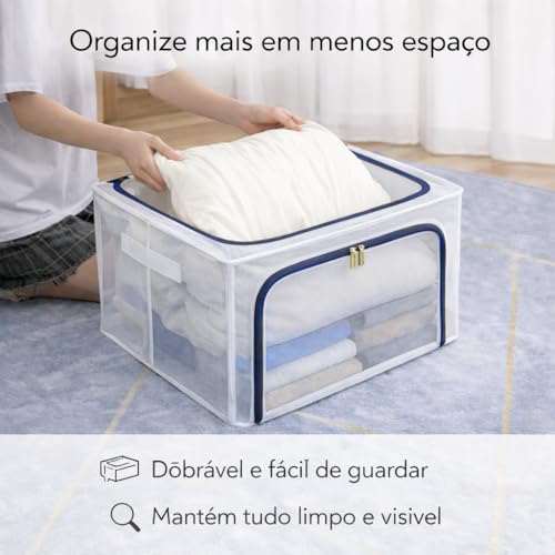 Caixa Organizadora Impermeavel Premium Organizador de Roupas Cobertas Edredons com Ziper Duplo 24, 66 e 100 Litros, Dobravel Empilhavel Estrutura Reforcada Transparente Closet Guarda Roupas 100 Litros