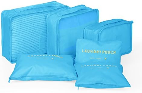 Yoonsic 6 Sets Packing Cubes for Travel/Trip - 3 Cubes + 3 Pouches + 4 Bonus Vacuum Bags - Organizers for Carry-on Luggage Clothing and Accessories (light blue)
