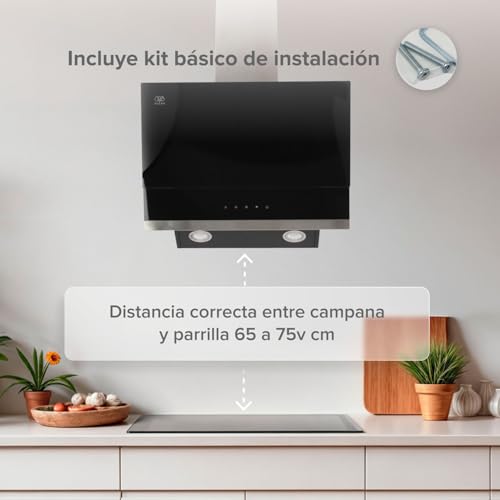 AVERA Campana de Cocina Extractora 60cm de pared, 3 velocidades, Panel táctil, Luz LED, Acero inoxidable y vidrio templado, Filtro de carbón activado y malla metálica lavable | CEA60C
