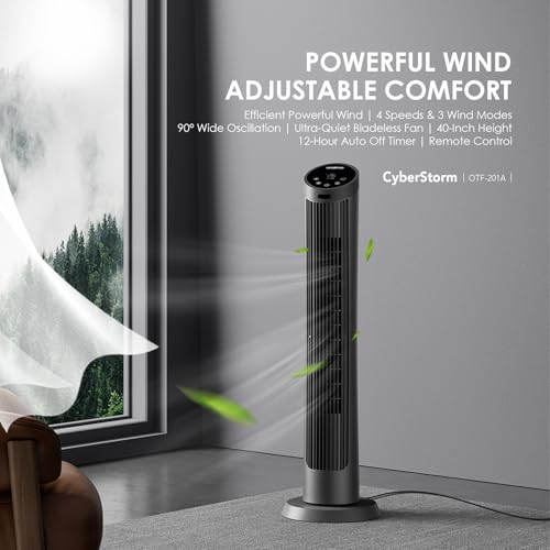 Oraimo 40" Silent Tower Fan with Remote Control 10m, 50W Powerful DC Brushless Motor, 4 Speeds,3 Wind Modes,12H Timer, 90° Oscillation, LED Display, Fan Standing for Bedroom Home Office
