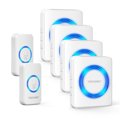 TECKNET Wireless Bell, IP65 Wireless Bell Set, Outdoor Waterproof, Wireless Doorbell 600 m Range, Front Door Bell, 2 Transmitters, 4 Plug-In Receivers, 60 Melodies Doorbell and Bell Push with LED Flash