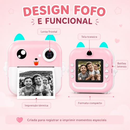 Câmera Infantil Digital Instantânea com Impressão Térmica (Rosa)