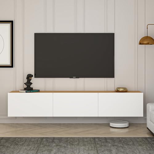 Stylish TV Stand, 150 cm Wide, White & Atlantic Pine | 100% Melamine Coated Chipboard, 30 cm Height, 32 cm Depth | Modern Design for Living Room & Entertainment Spaces